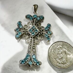 Thailand Sterling 925 Silver Blue Topaz Celtic Cross Pendant